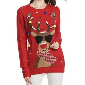 VTG V28‎ Merry Christmas Red Reindeer Pom Pom Sweater Size 2XL XXL Vintage